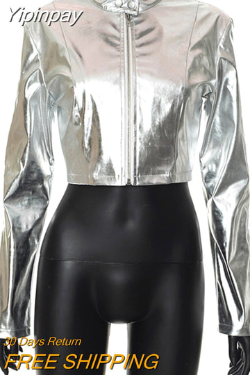 Yipinpay Metallic Bomber PU Faux Leather Jackets for Women 2023 Autumn Streetwear Fashion Zip Up Cropped Coats Outwear